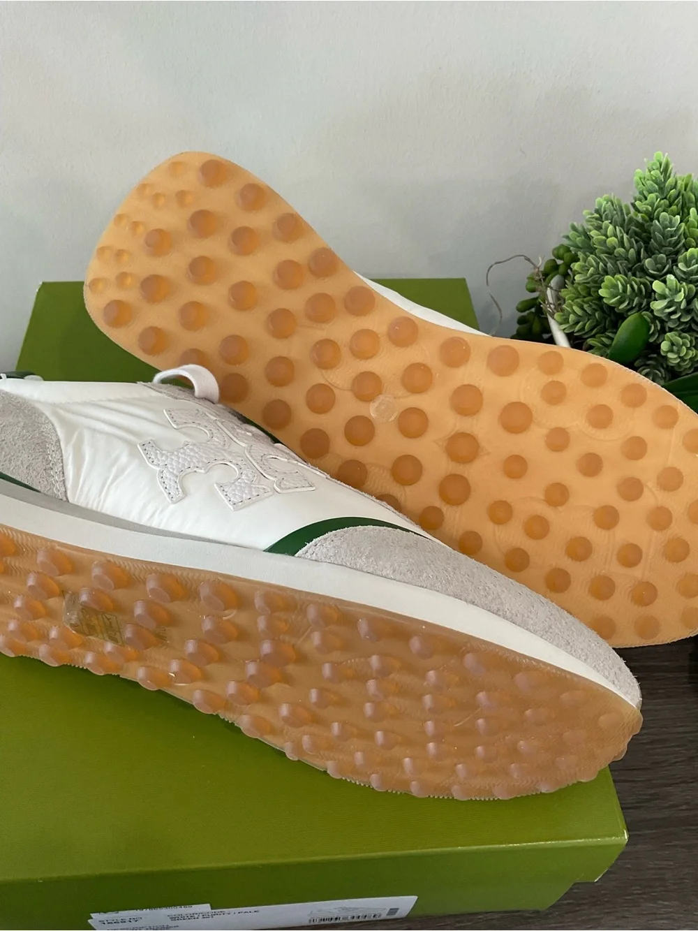 White & Green Leather Suede Sneakers